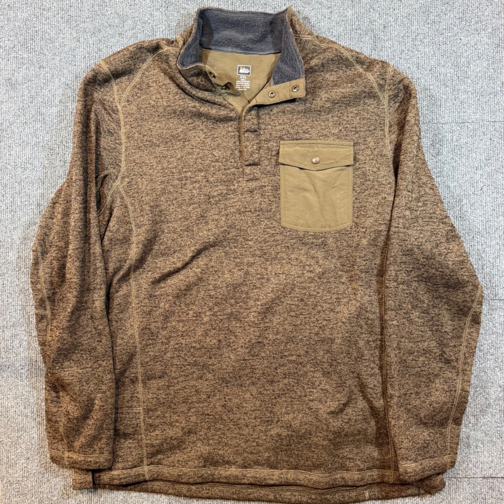 REI Co-op Mens XXL Brown Heathered Sweater Fleece Snap Neck Pullover Jacket